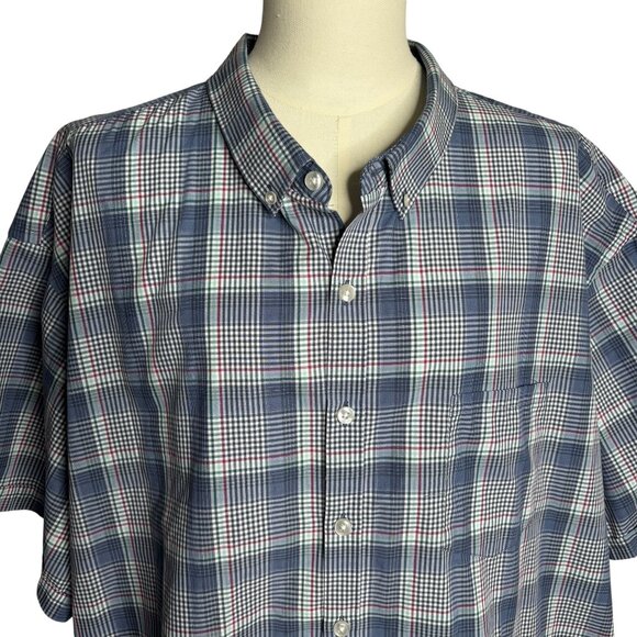 Van Heusen Never Tuck Plaid Button-Down Shirt 4XL Blue Red Short Sleeve Relax Fi - Picture 2 of 7